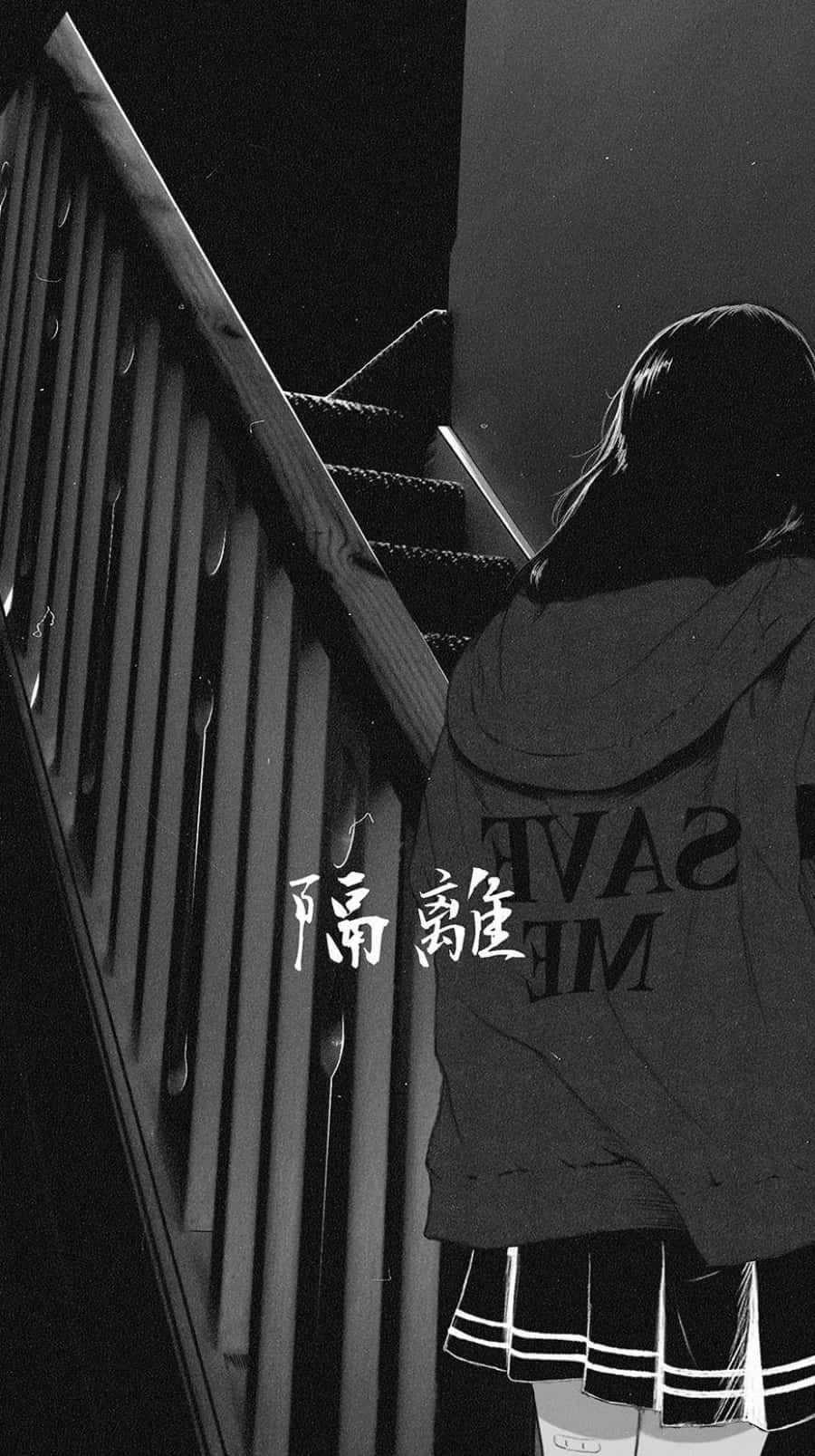 龐克氛圍中的憂鬱動漫少女 壁紙 — 一個孤獨的身影穿著連帽衫在夜間登上燈光昏暗的樓梯，上面覆蓋著中文字元。