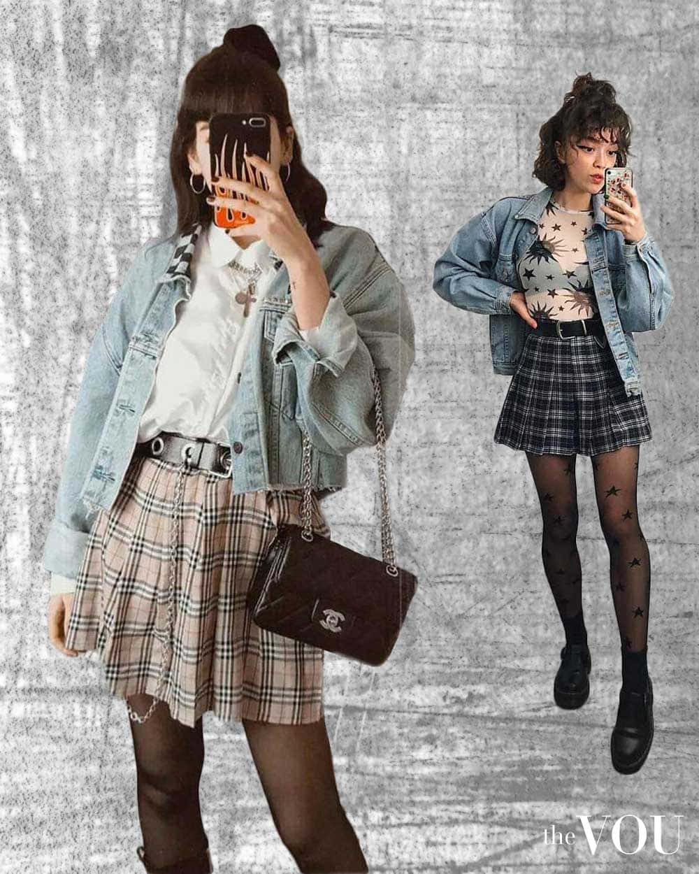 兩位年輕女性身穿牛仔外套和格子裙對著鏡子自拍。