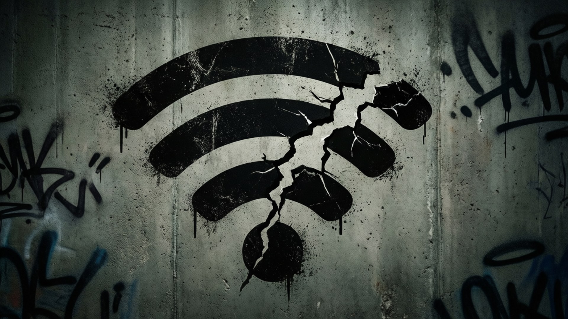 破裂的WiFi符號，畫在一個佈滿塗鴉的混凝土牆上。