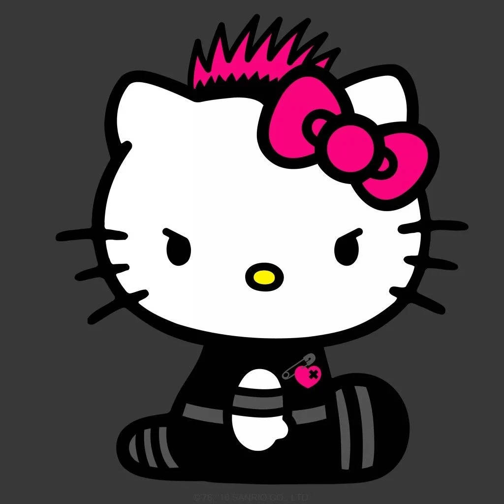 龐克風Hello Kitty頭像 壁紙 — Hello Kitty 帶有龐克莫霍克頭和粉紅色蝴蝶結，穿著黑色服裝，帶有安全別針和心形補丁，背景為深灰色。