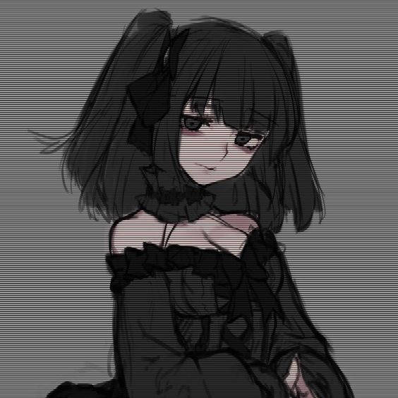 動漫女孩，黑髮黑裙，背景帶故障效果。
