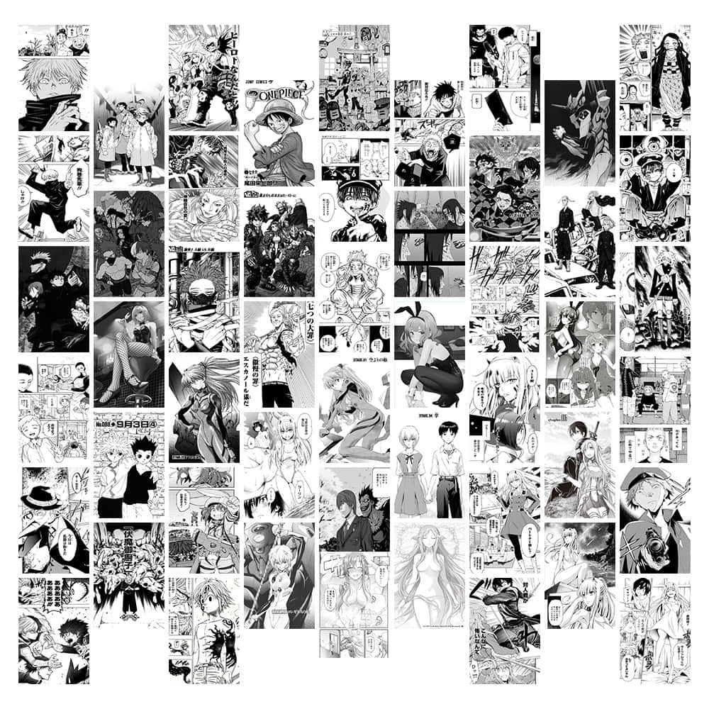 龐克風動漫拼貼美學 壁紙 — 一幅黑白漫畫面板拼貼畫，展現不同角色在動態動作和情感場景中的風采。