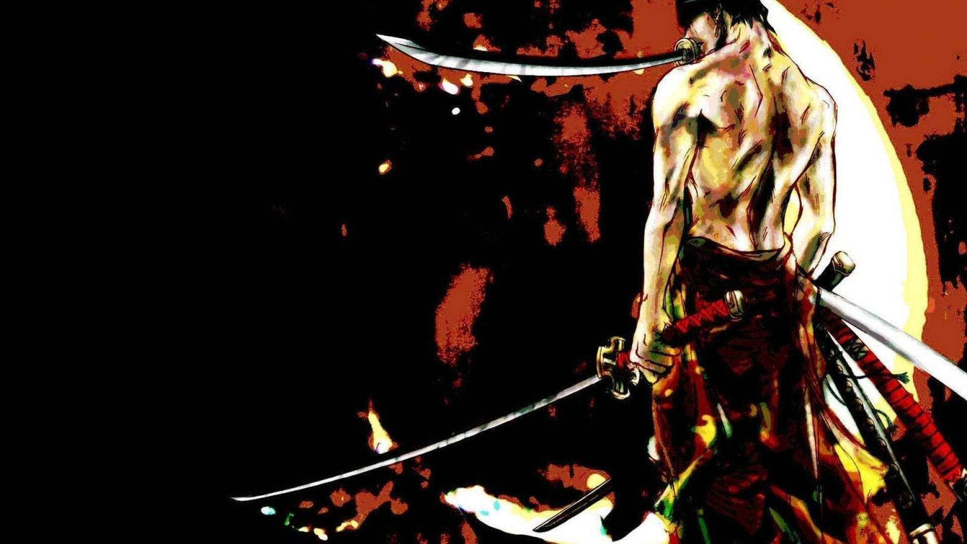 龐克風格 One Piece 紅髮傑克 4K 壁紙 — 一個肌肉發達的動漫戰士，背上綁著劍，站在熾熱的橙色和黑色背景前。