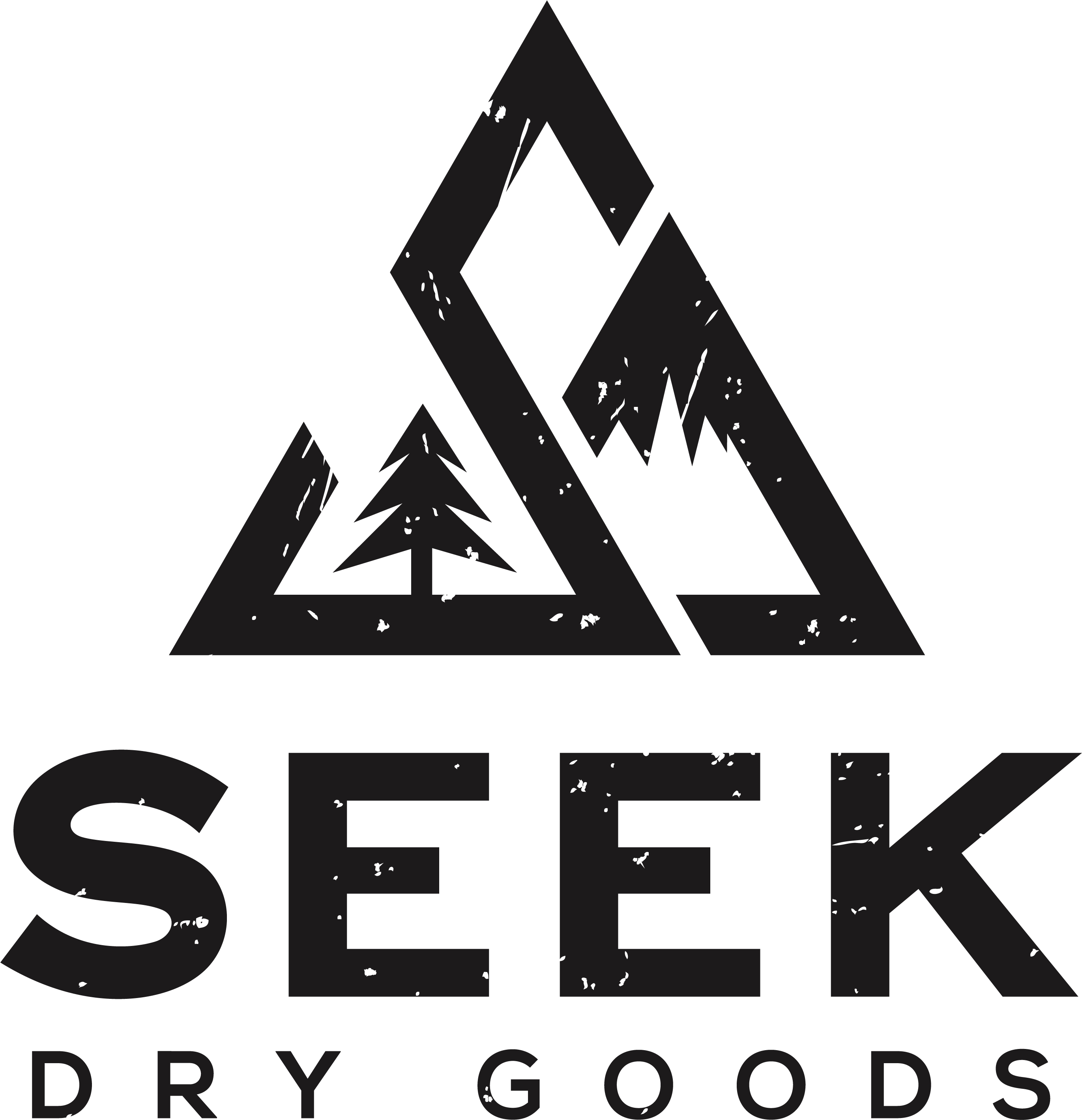 龐克風格SEEK品牌標誌 壁紙 — 一個極簡黑色標誌，在三角形內有風格化的山脈和樹木，位於文字SEEK DRY GOODS上方。
