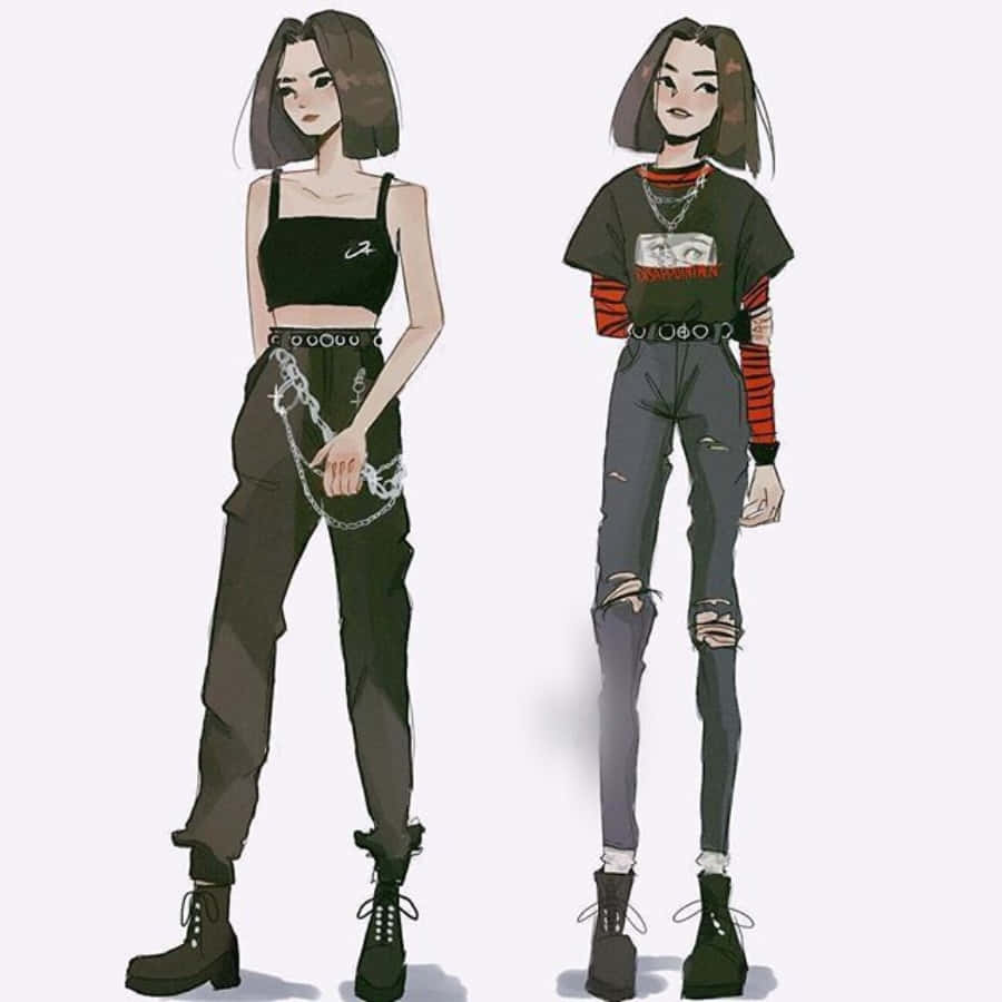龐克風格動漫少女時尚 壁紙 — 兩個插畫風格的女孩穿著前衛街頭服飾，並排站在純色背景前。