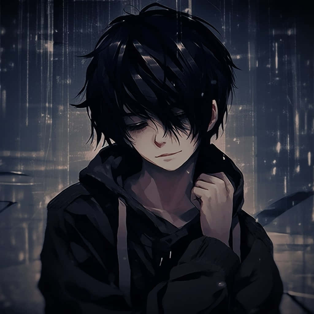 龐克風格動漫男孩 壁紙 — 一個憂鬱的動漫男孩，深色頭髮，穿著連帽衫，站在下雨的城市小巷中，在發光的城市燈光下目光低垂。