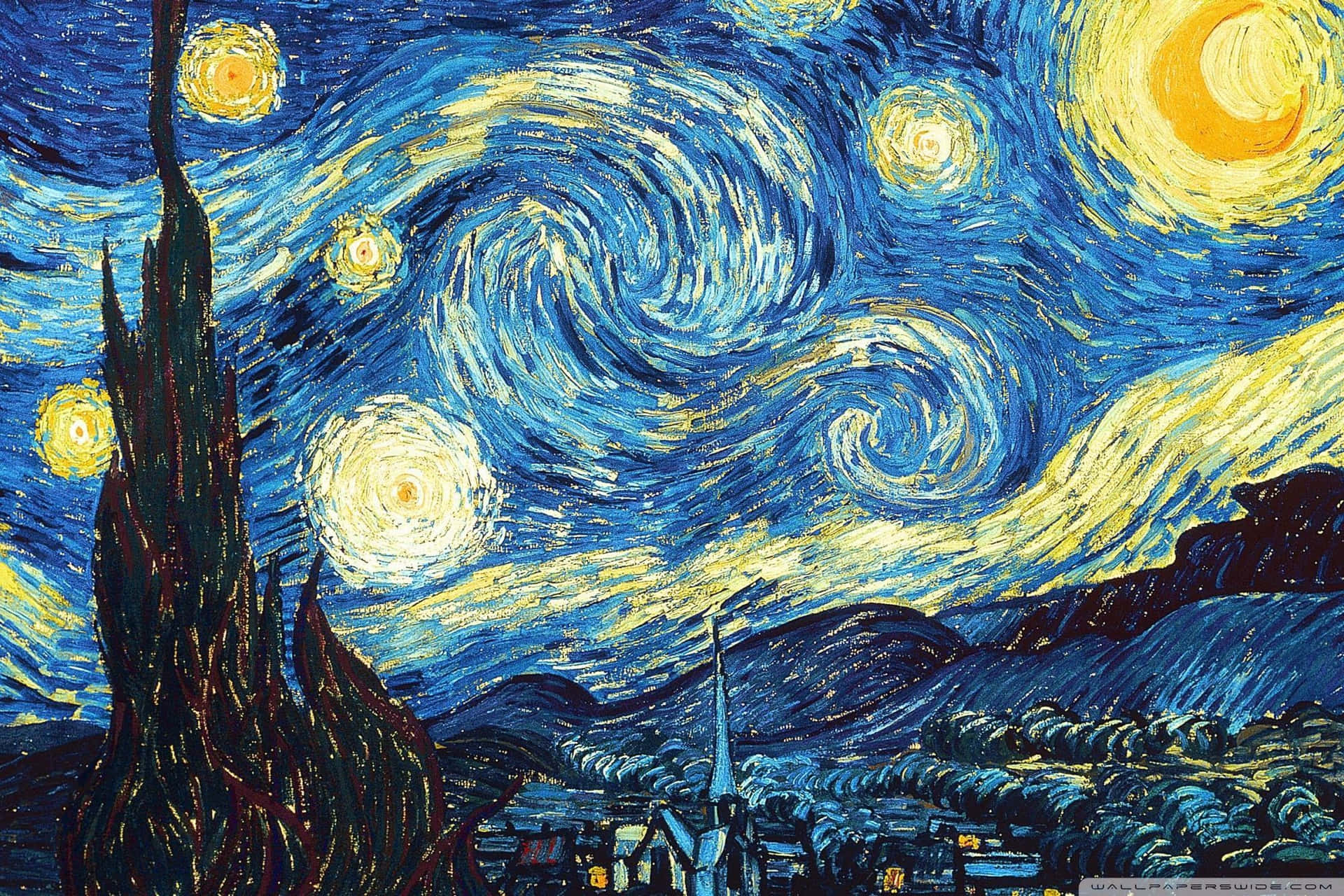 在旋轉的夜空下，扭曲的星星和月亮照耀著沉睡的村莊。