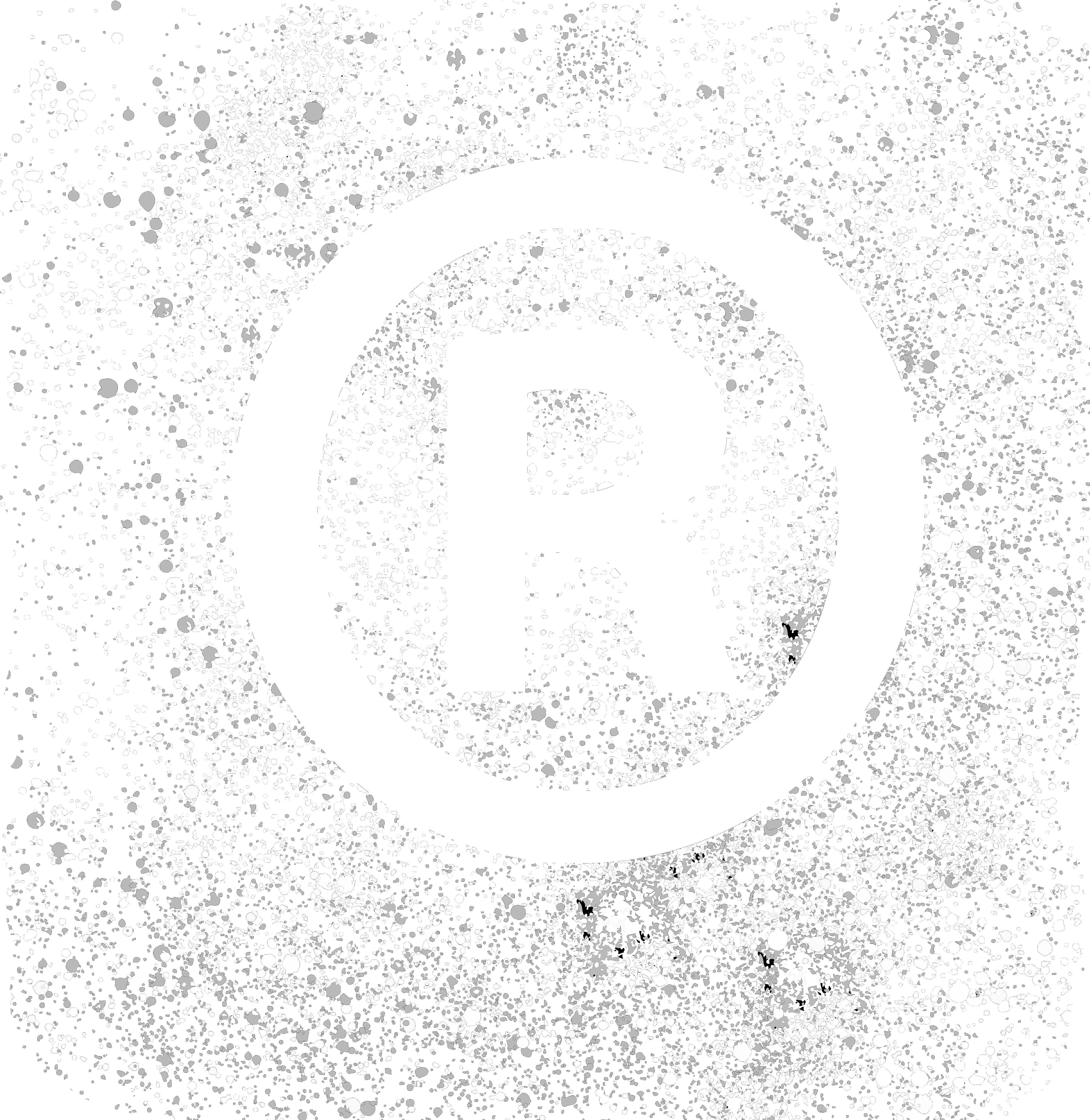 龐克風格註冊商標符號 壁紙 — 一個帶有故障效果的像素化字母R從混亂的黑白斑點背景中浮現。