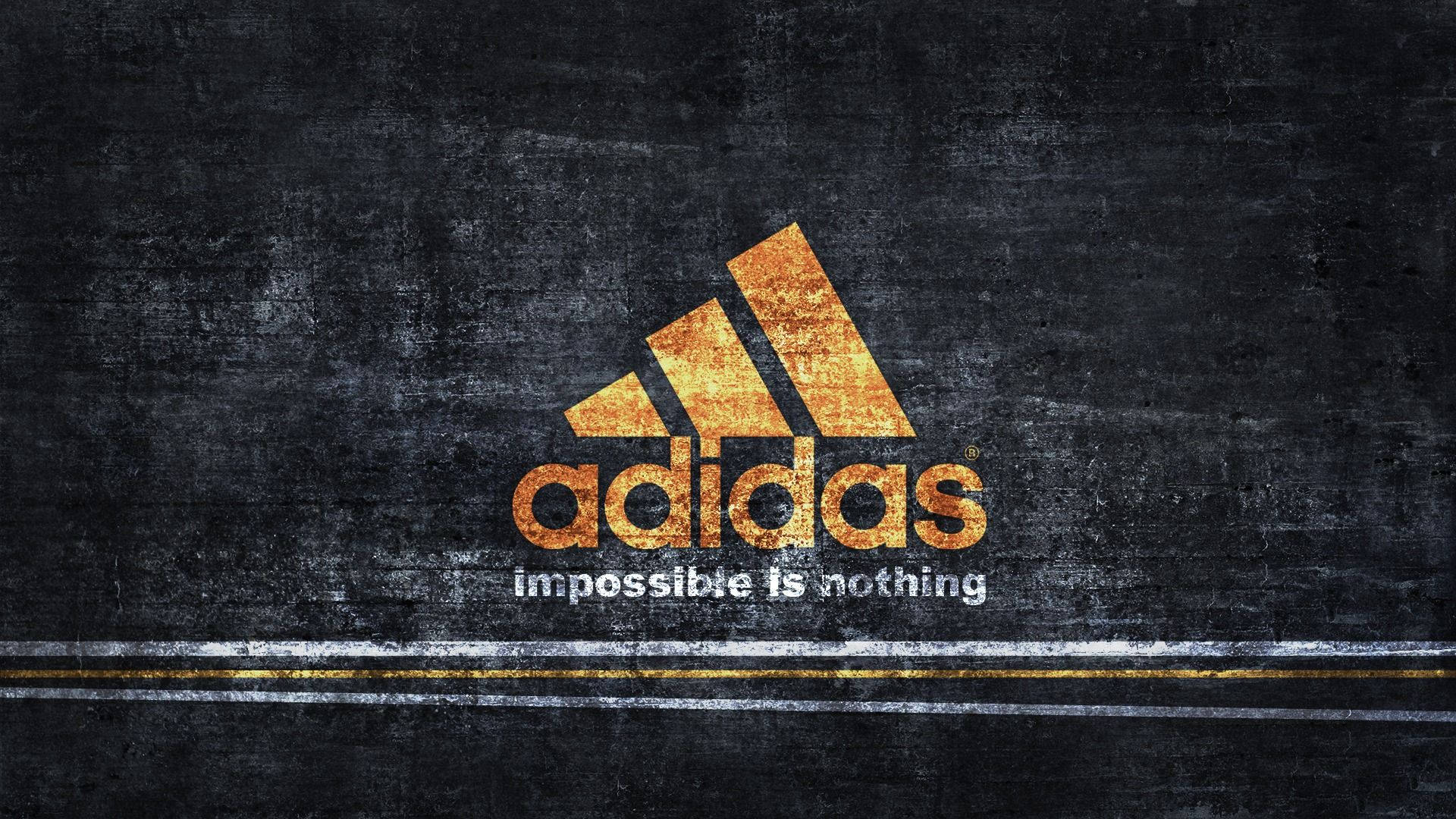 Adidas標誌，帶有口號impossible is nothing，在深色紋理背景上。