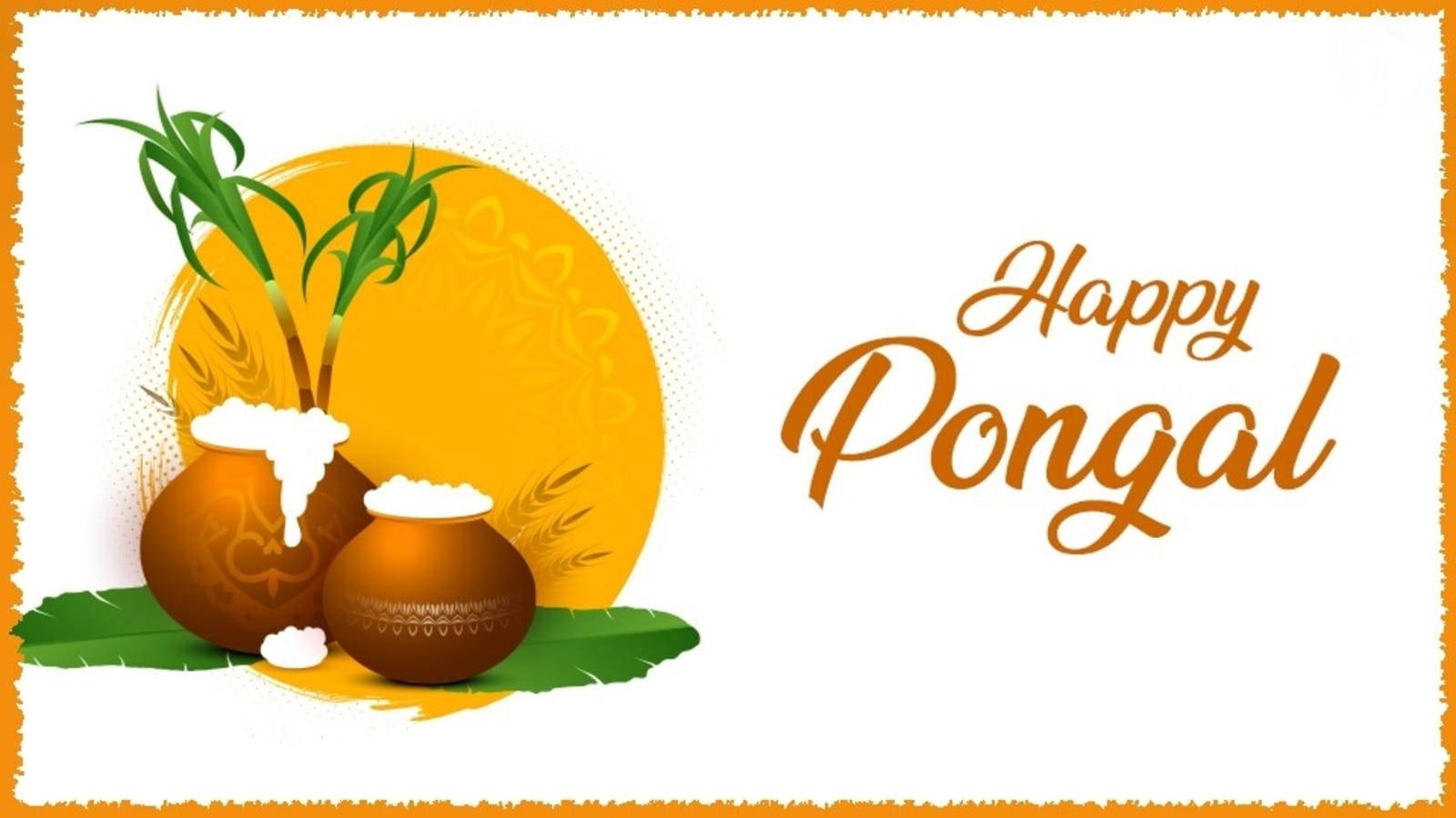 Happy Pongal節日祝福，罐中有米和芽菜放在葉子上。