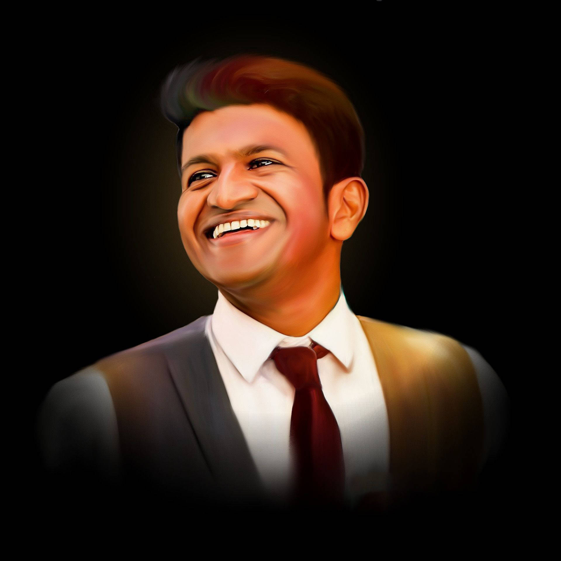 龐尼特·拉傑庫馬爾數位藝術 壁紙 — 一個快樂的男人穿著西裝打領帶，在黑暗背景中帶著溫暖發光的高光燦爛地笑。