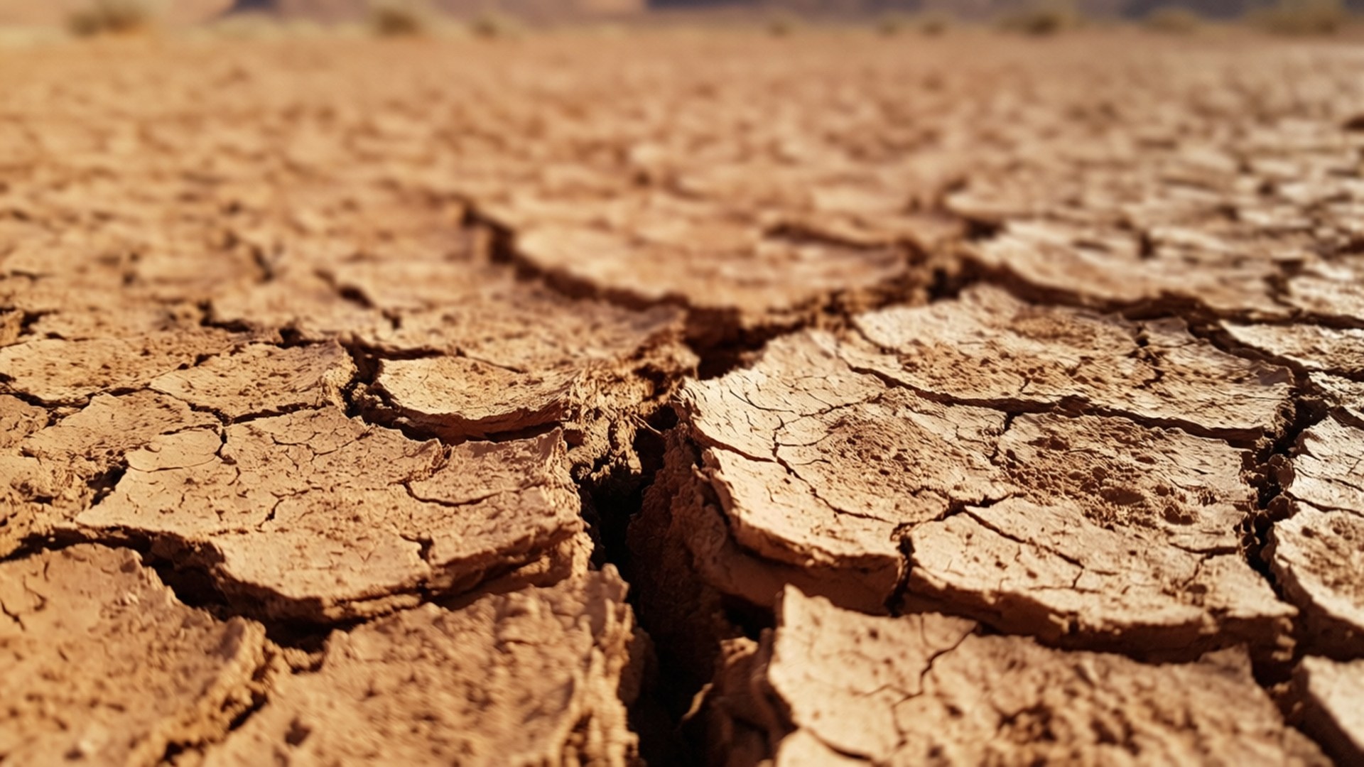 龜裂沙漠大地 壁紙 — 溫暖陽光下乾裂土地的近距離特寫，深裂縫揭示乾旱沙漠地形。