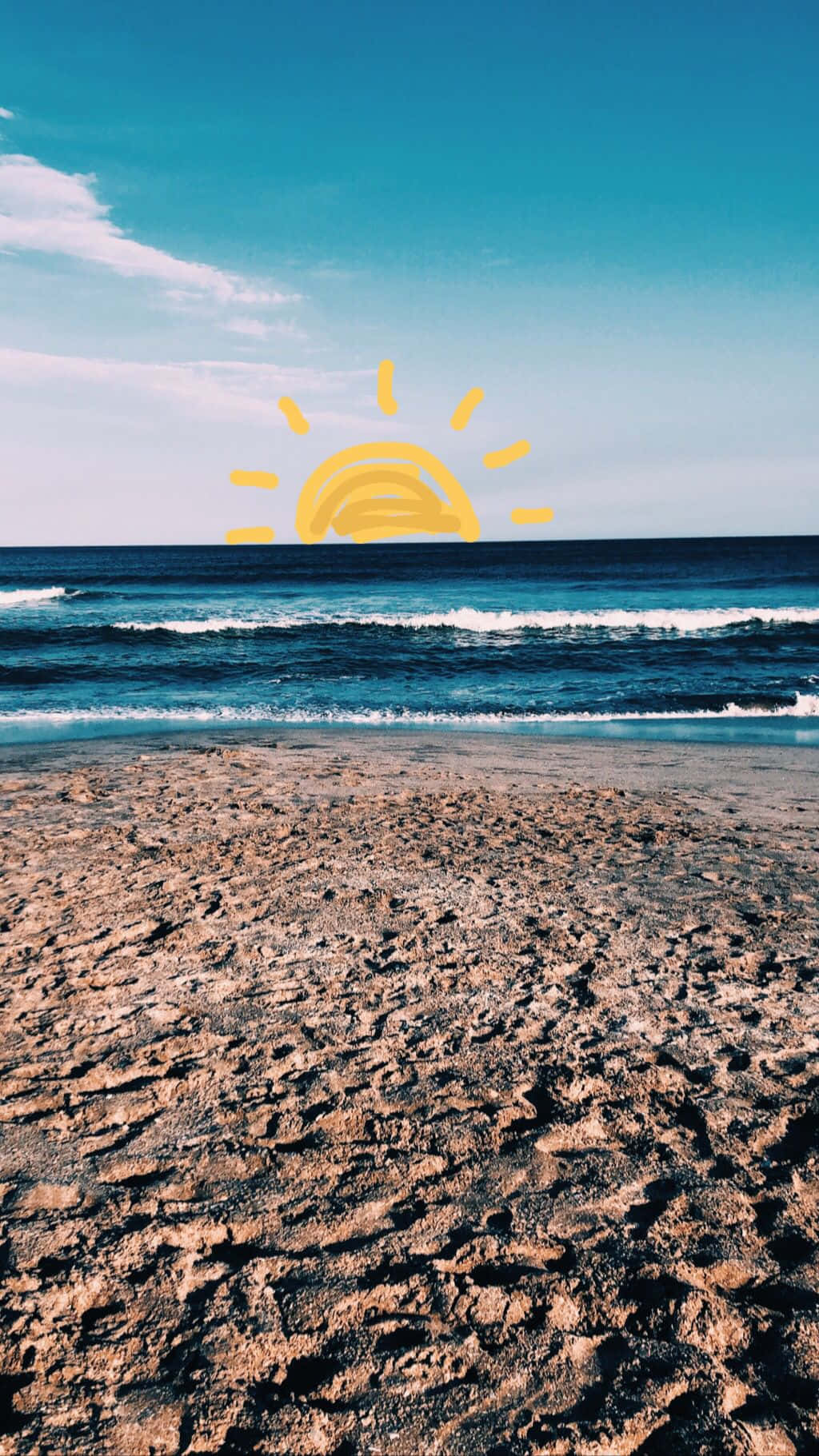 Aesthetic Vsco 桌布 壁紙 — 龜裂的乾燥沙灘與碧綠海洋相接，明亮的天空下，卡通太陽從地平線升起。