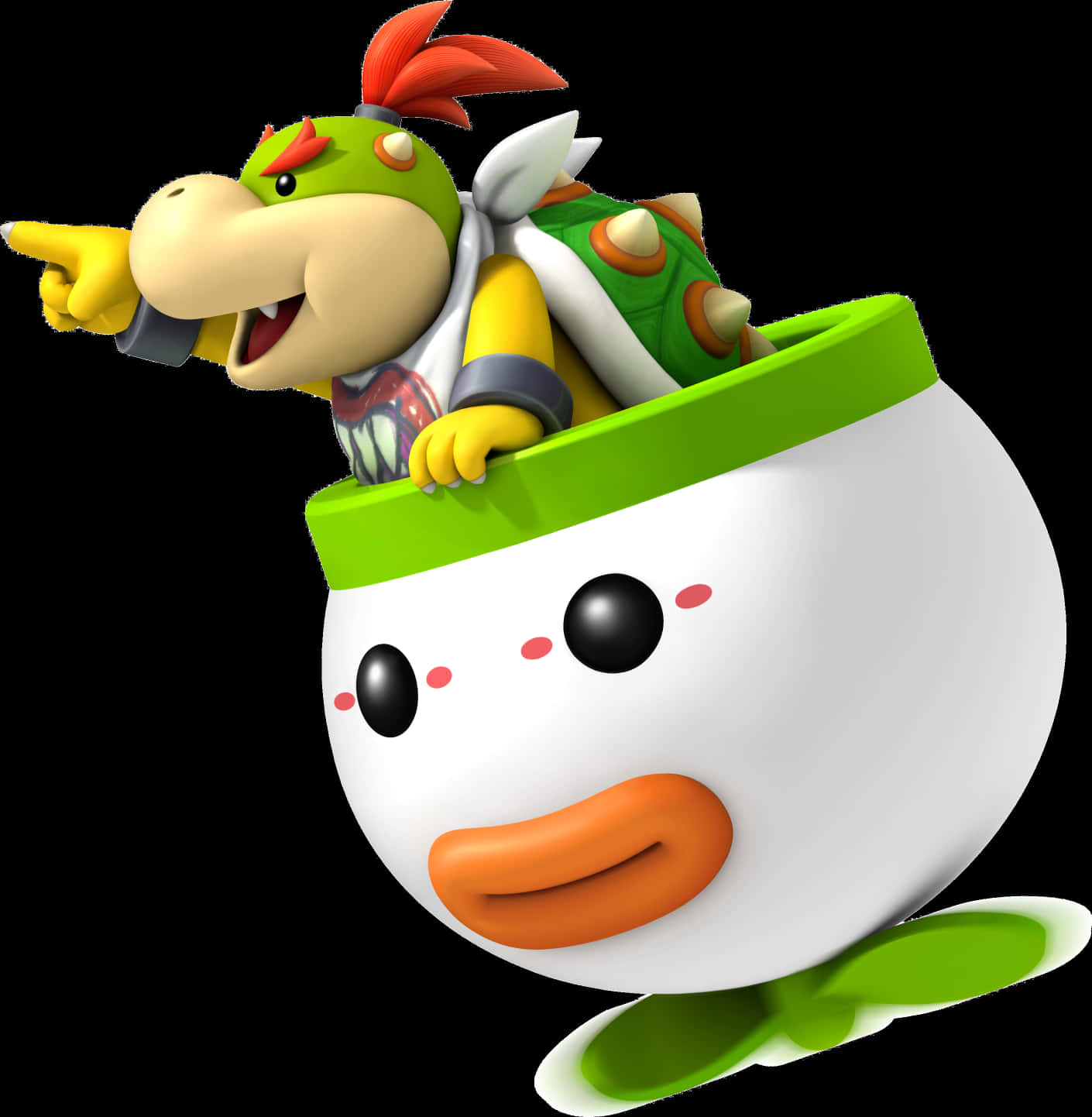 龜霸小王子駕駛酷霸小丑車 壁紙 — 一隻快樂的綠色Koopa Troopa騎著一個微笑的白色蛋形車輛，帶有綠色裝飾，背景為黑色。