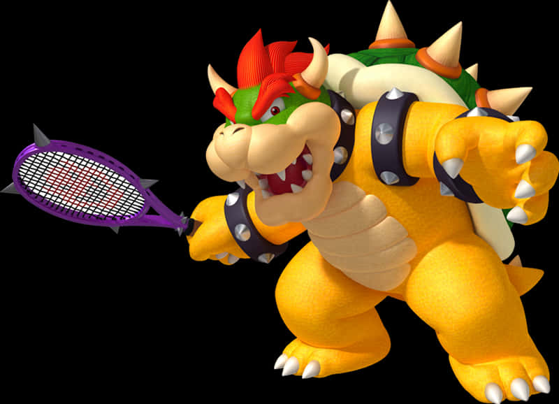 龜霸打網球 壁紙 — Bowser 喺 3d 渲染中，喺黑色背景前，表情兇猛，揸住一個帶刺嘅紫色網球拍。