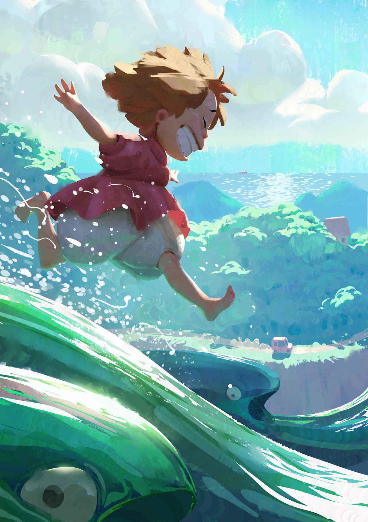 龜鰭與綠色大魚 壁紙 — 一個快樂的孩子在明亮的天空下，於充滿活力的海洋場景中跳過一條巨大的綠色鯨魚。