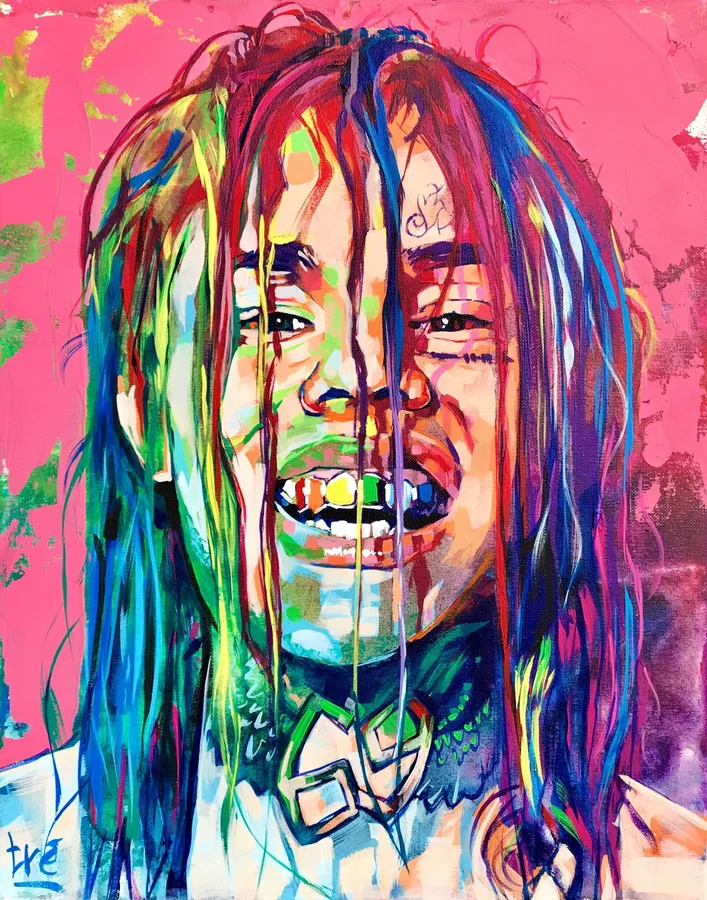 一幅生動的畫作,描繪了一個擁有彩虹色頭髮和彩色牙齒的人。