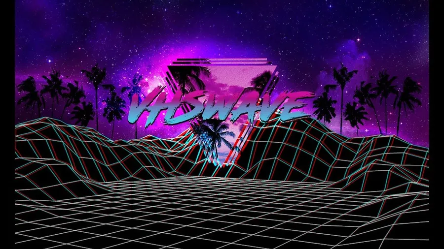 在星空紫色天空下,棕櫚樹和網格景觀上方的霓虹 VHS 波浪文字。