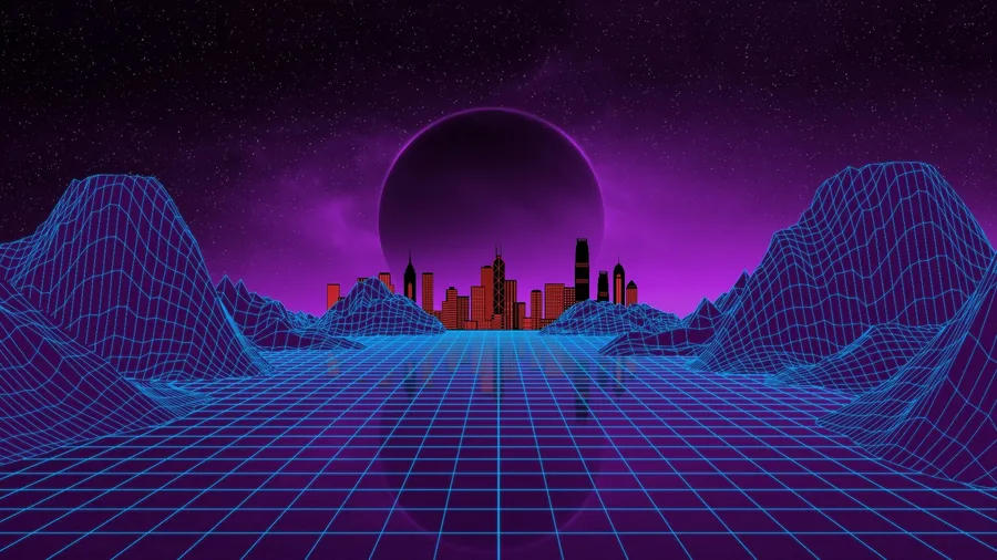 霓虹燈網格引向帶有大型行星的紫色天空下的未來城市。