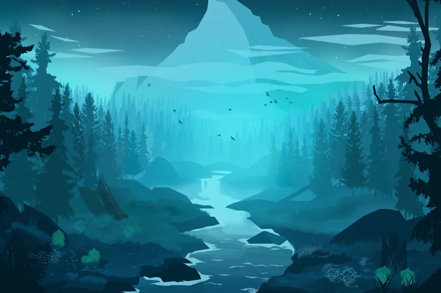 星空下,寧靜的森林河流流向山峰。