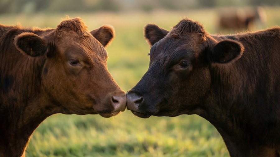 Two cows nuzzle noses affectionately in a pasture.