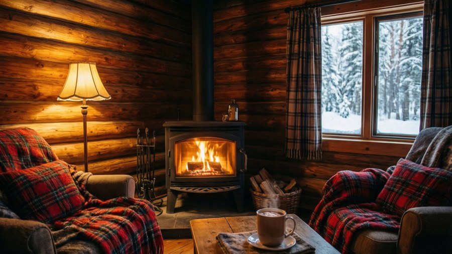 舒適小屋，有木爐、格子毯子和冒著熱氣的杯子，俯瞰雪林。
