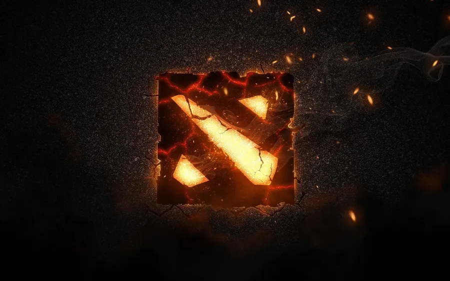 Dota 2 標誌透過破裂的石頭發光,伴隨著飛舞的火花和煙霧。