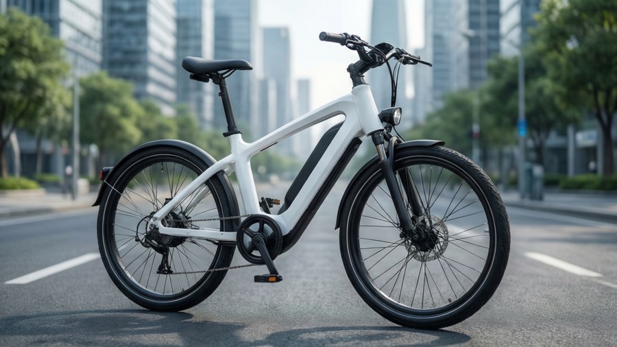 A sleek electric bicycle stands on a modern city street, blending eco-friendliness with style.