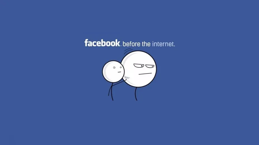 兩個卡通人物,帶有憤怒和中性的表情,文字為「facebook before the internet」,藍色背景
