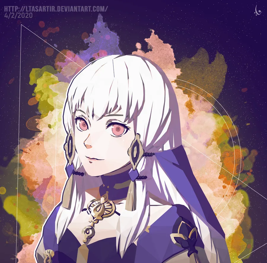 動漫女孩,白髮粉紅眼睛,紫色服裝,宇宙水彩背景。
