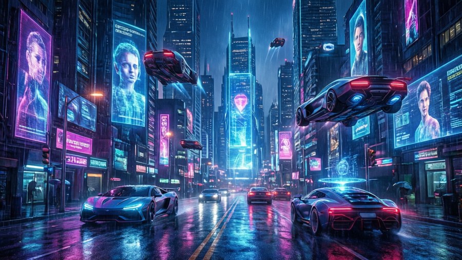 夜晚雨中未來城市，有飛天汽車和發光廣告牌。