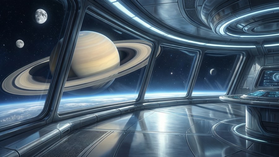 未來感太空船內部，可觀賞太空中的土星和衛星。