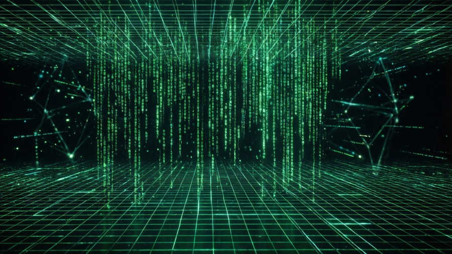 在黑暗的科幻環境中，綠色數碼代碼流落在發光的網格地板上。