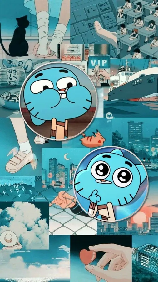 Gumball Watterson的動漫拼貼畫,包含學校、城市和貓的場景,以青綠色調呈現。