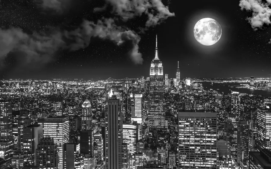 滿月下夜間城市天際線的黑白景觀。