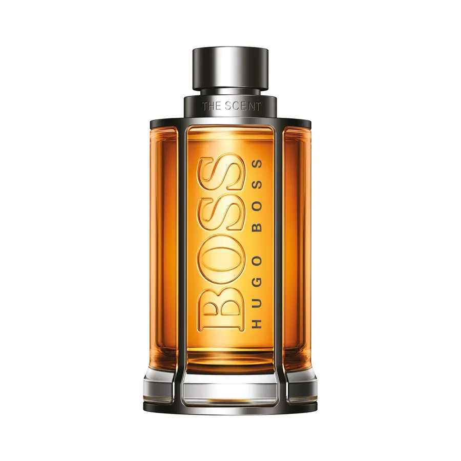 Hugo Boss The Scent 香水樽,琥珀色液體配銀色點綴。