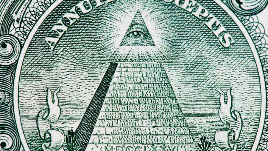 美國美元鈔票上嘅普羅維登斯之眼,連同金字塔同拉丁文文字。