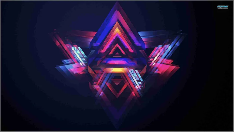 在深色背景上帶有發光三角形的充滿活力的霓虹幾何星爆
