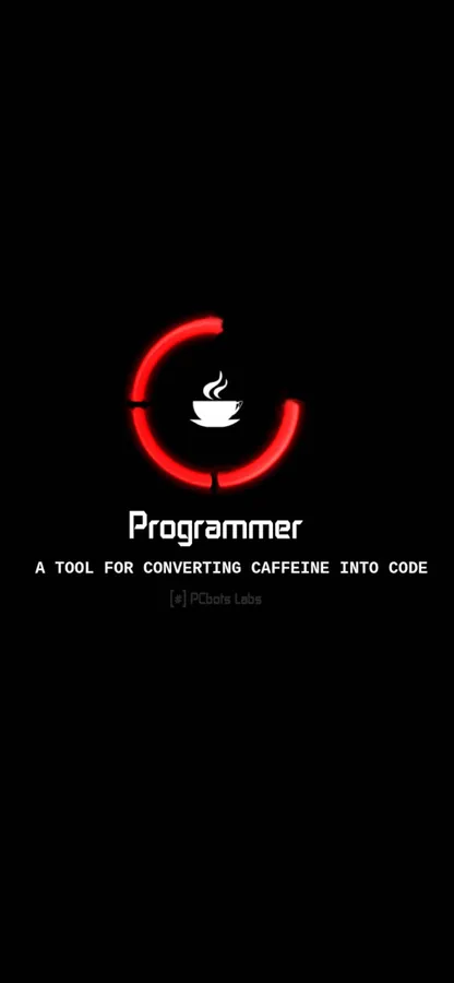 咖啡杯周圍的紅色載入圓圈,帶有 Programmer 文字和標語。