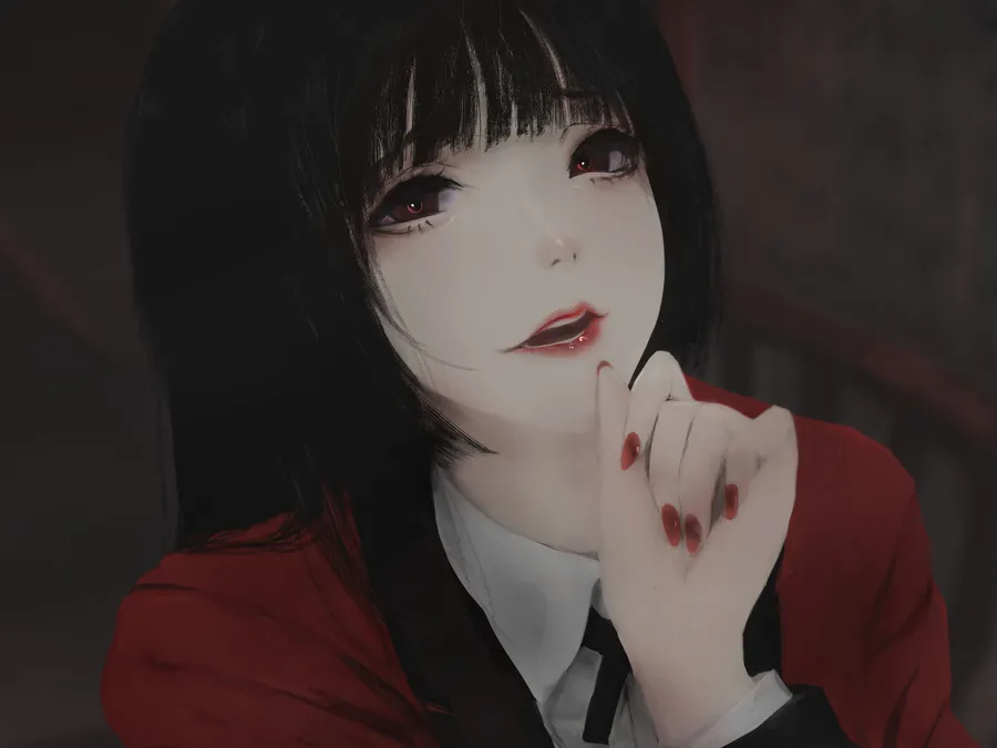 黑髮紅眼動漫女孩,紅色西裝外套和白色襯衫,手靠近嘴唇。