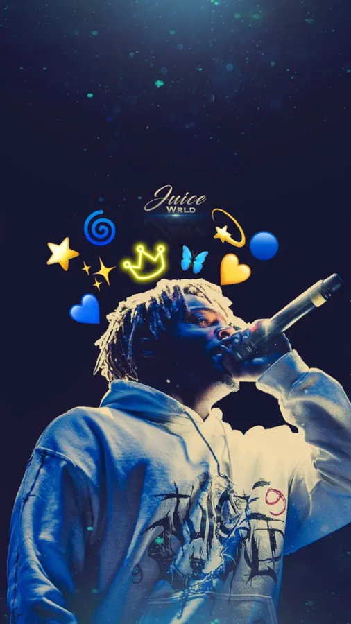 Juice WRLD 對著咪高峰唱歌,彩色表情符號在他周圍漂浮。