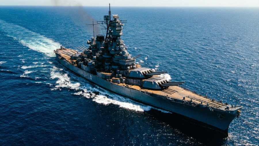 灰色戰艦在藍色海洋中航行，留下白色尾跡