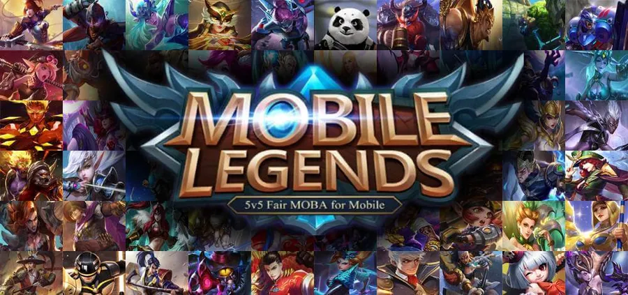 Mobile Legends 遊戲標誌被各種奇幻英雄角色包圍。