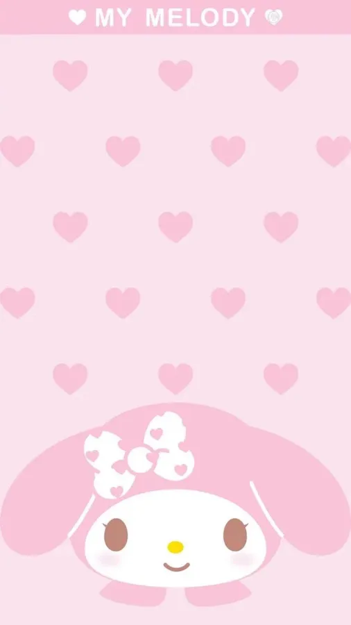 My Melody 卡通角色,粉紅色耳朵同蝴蝶結,喺粉紅色心形背景上。