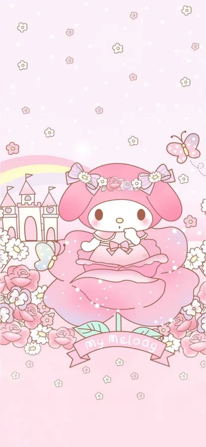 My Melody 身穿粉紅色連衣裙,被鮮花和蝴蝶環繞,有城堡和彩虹。