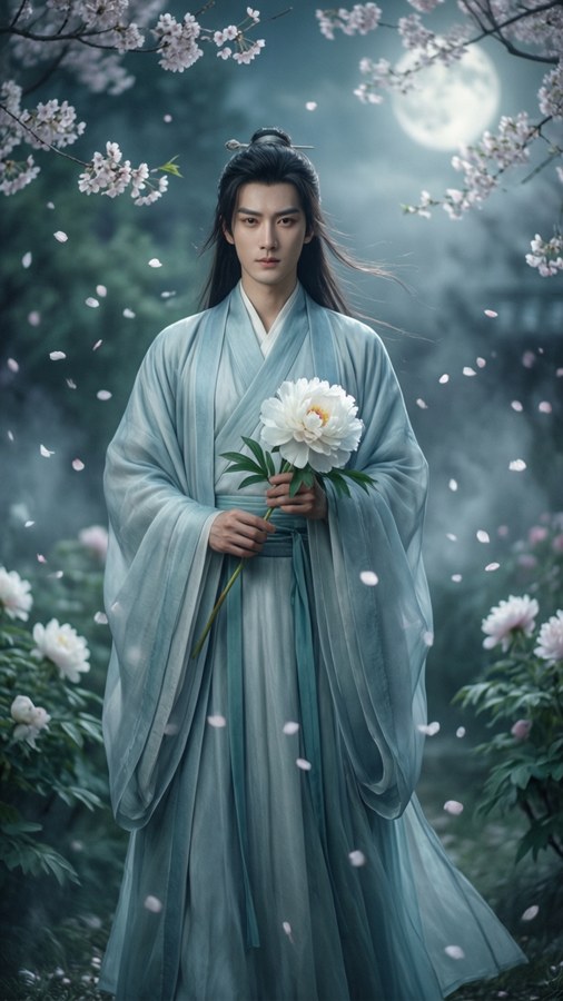 藍袍男子在月光下的櫻花中手持白色牡丹