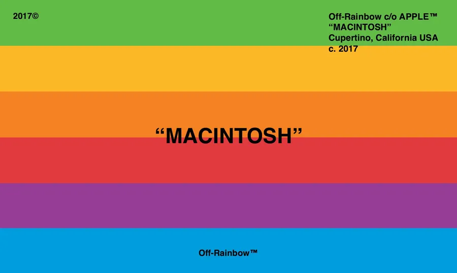 鮮豔的彩虹條紋,中央有粗體文字 MACINTOSH 在設計上。