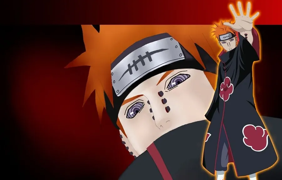 擁有橙色頭髮和紅色斗篷的動漫忍者在戲劇性的姿勢中。