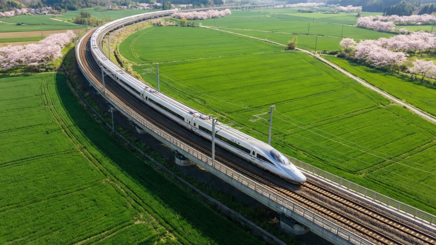 一輛高速列車穿過開滿櫻花的春景，行駛在橋樑上。
