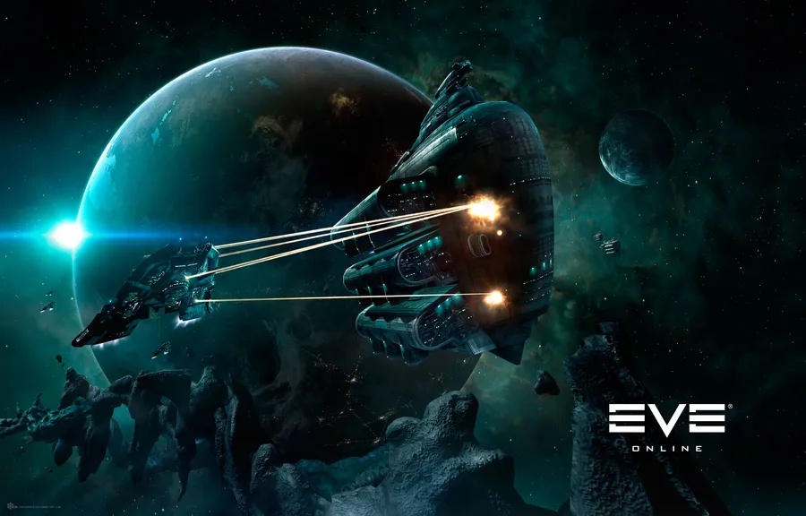 兩艘太空船在行星和小行星附近的太空中發射光束。